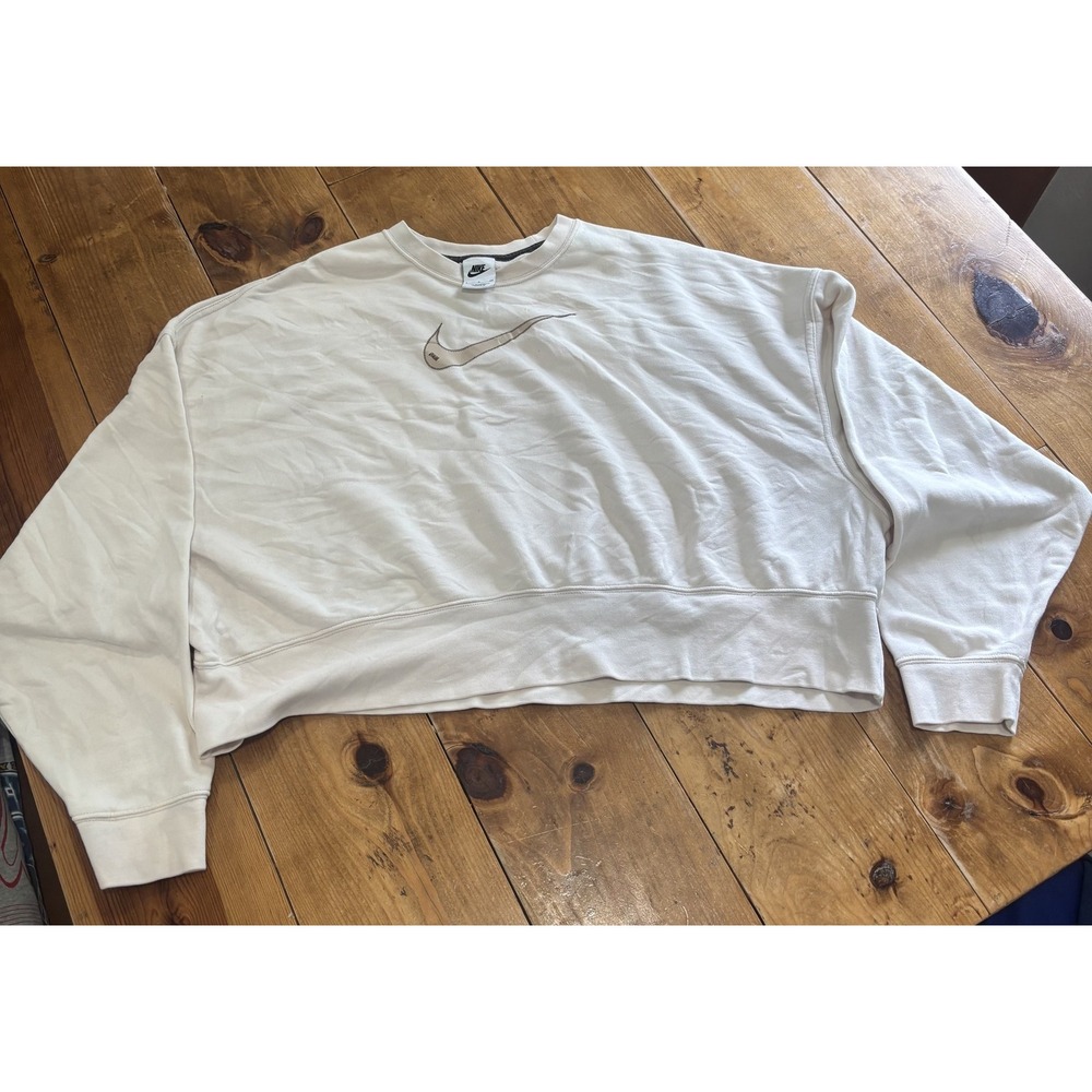 Nike Women's Cropped Crewneck Sweatshirt Beige‎ Cream Swoosh Logo Size S Small